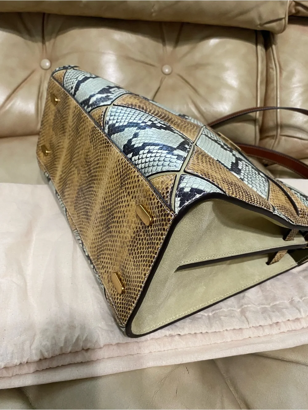LKNW Tory Burch Lee Radziwill Large Double Bag Leather Snake Python Green Beige